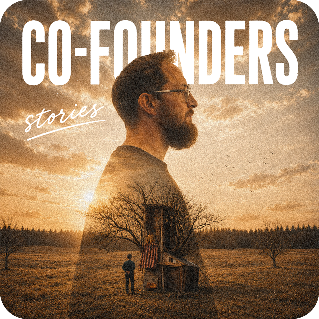 Co-founder Stories: an artistic portrait of Atrandi co-founder Juozas Nainys blended with a photo from his childhood