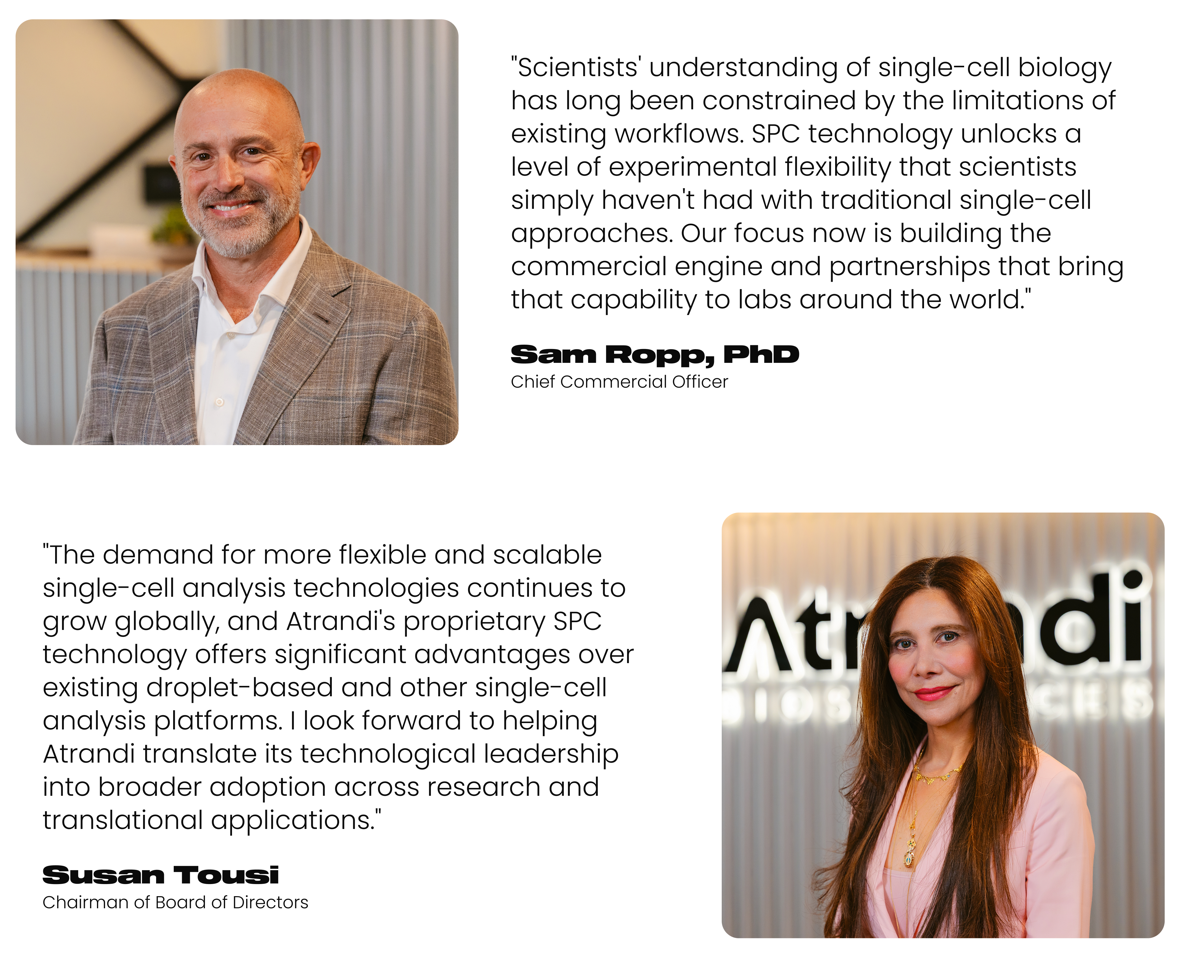 Sam Ropp and Susan Tousi, joining Atrandi as Chief Commercial Officer and Board Chairman